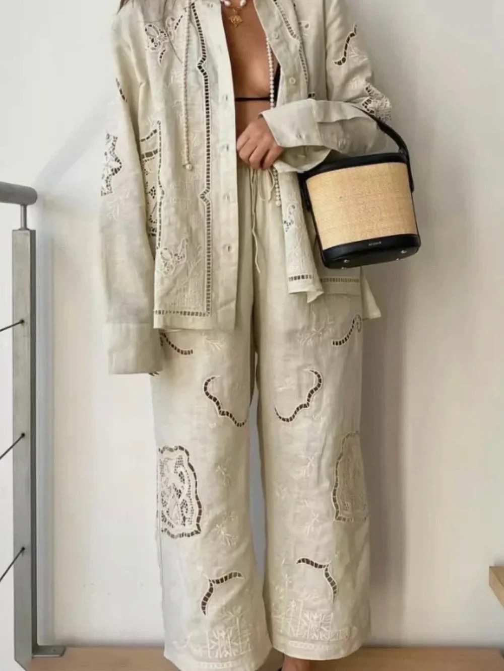 ZARA Linen Embroidered Shirt & Trousers